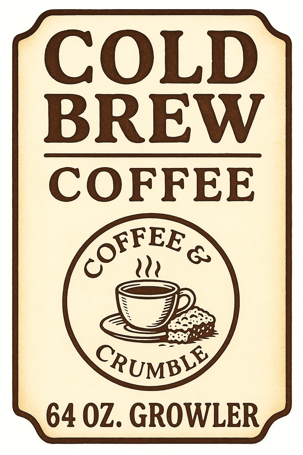 A branded 64 oz "Coffee and Crumble" glass growler filled with rich, dark cold brew coffee, ready for purchase and refills.