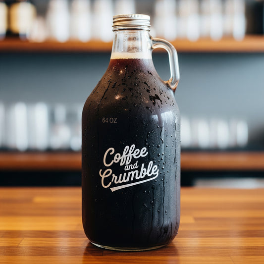 Glass bottle of coffee drink labeled 'Coffee and Crumble' 