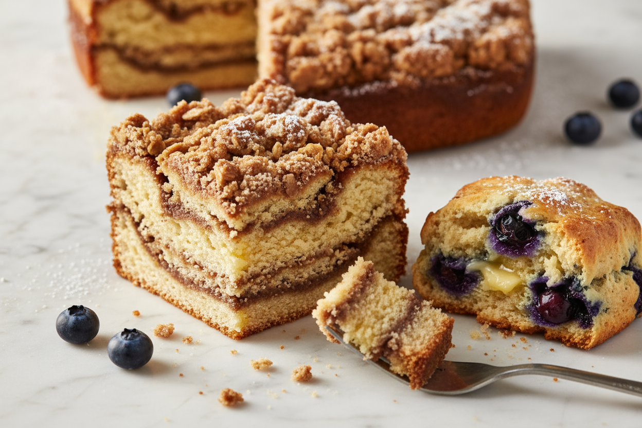 coffee cake slice and blueberry scone